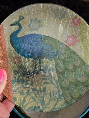 NIB Pier 1 Imports Peacock 6” Glass Appetizer Plates Set of 4 Retired